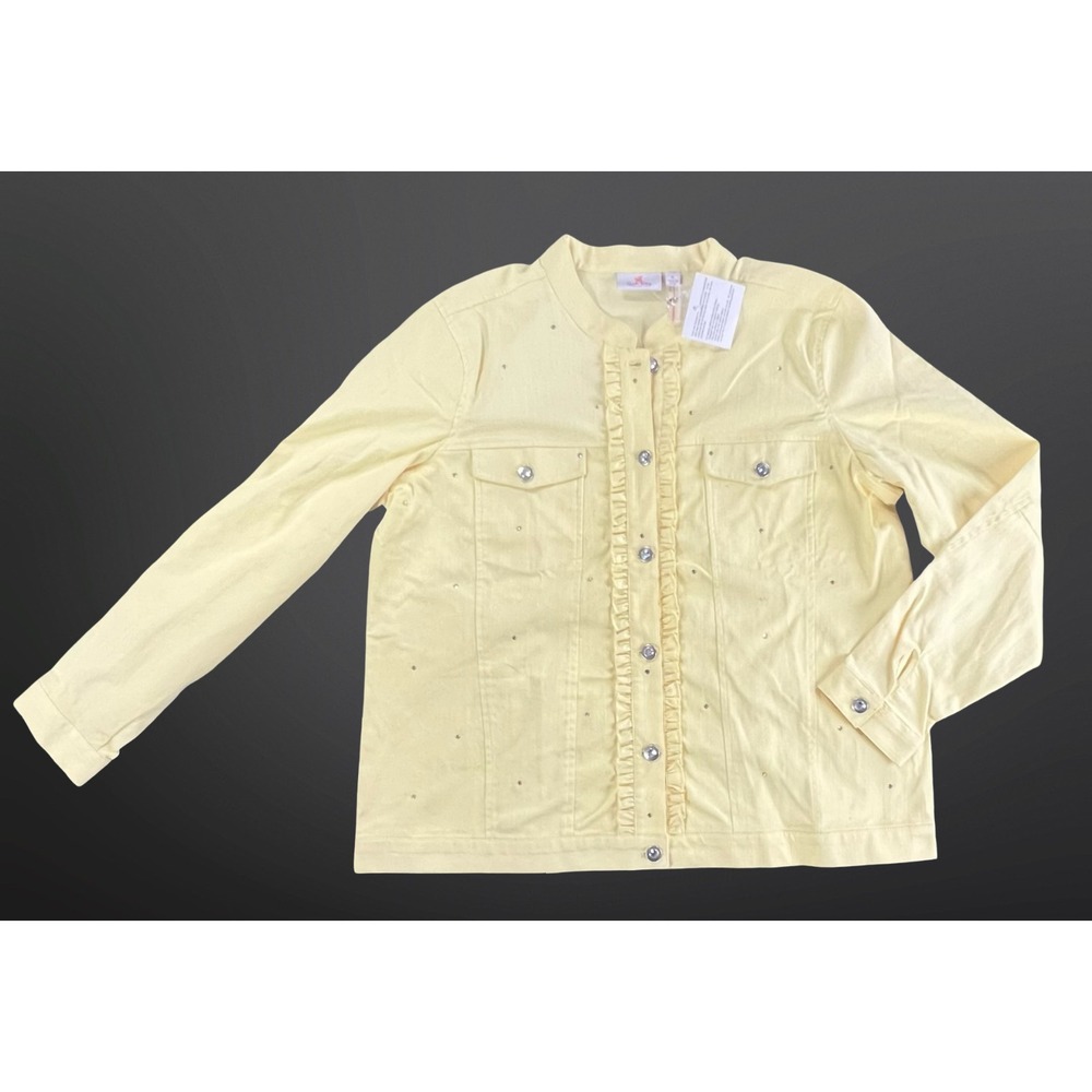 Quacker Factory Womens XL Jacket Yellow Rhinestone Ruffle Button Front NWT - Picture 9 of 16